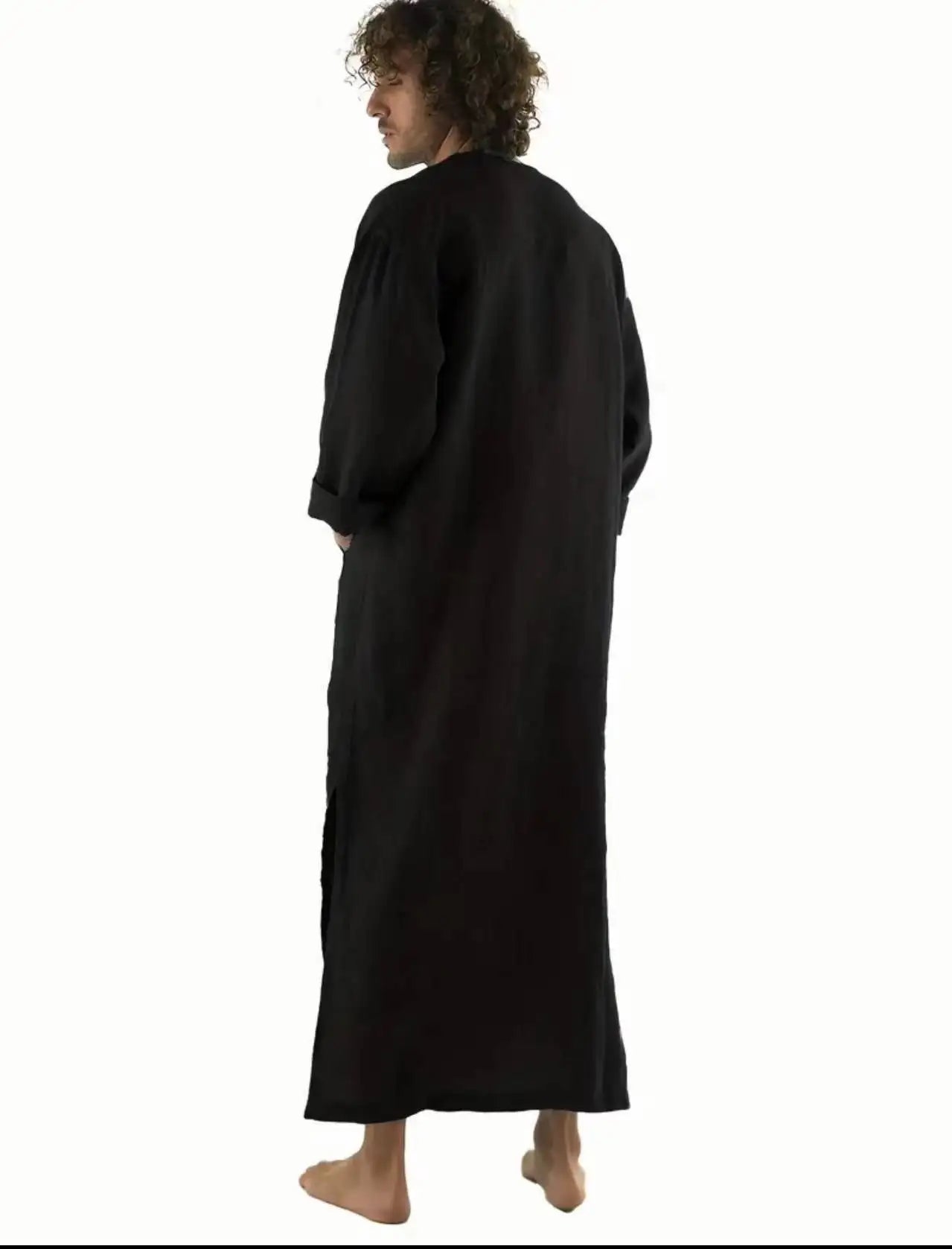 Simple Arabic Thobe for Men Long Stand Collar Button Down Robe Islamic Muslim Jubba Casual Prayer Wear