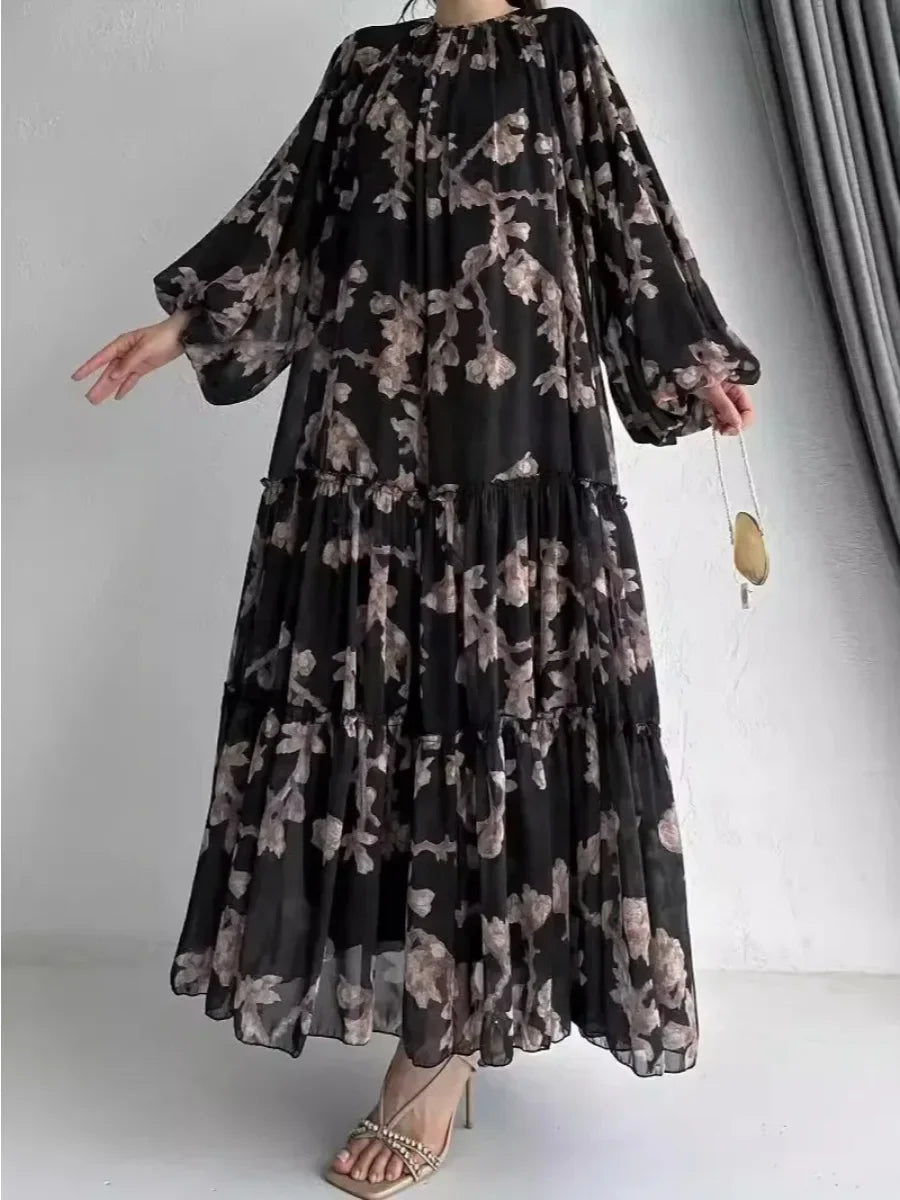 Eid Chiffon Women Dress Abaya Flower Print Muslim Vestidos Largo Dubai Kaftan Arab Long Robe Ramadan Morocco Dresses Jalabiya