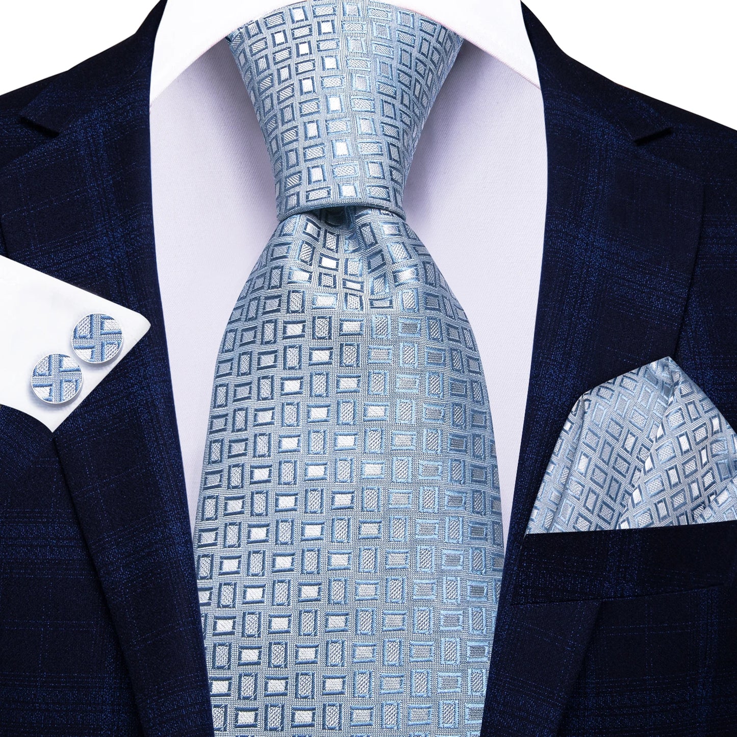 Hi-Tie Fashion 8.5cm Black Plaid Dots Men's Elegant Tie Handkerchief Cufflinks Set Wedding Party Accessories Gift for Men Gravat