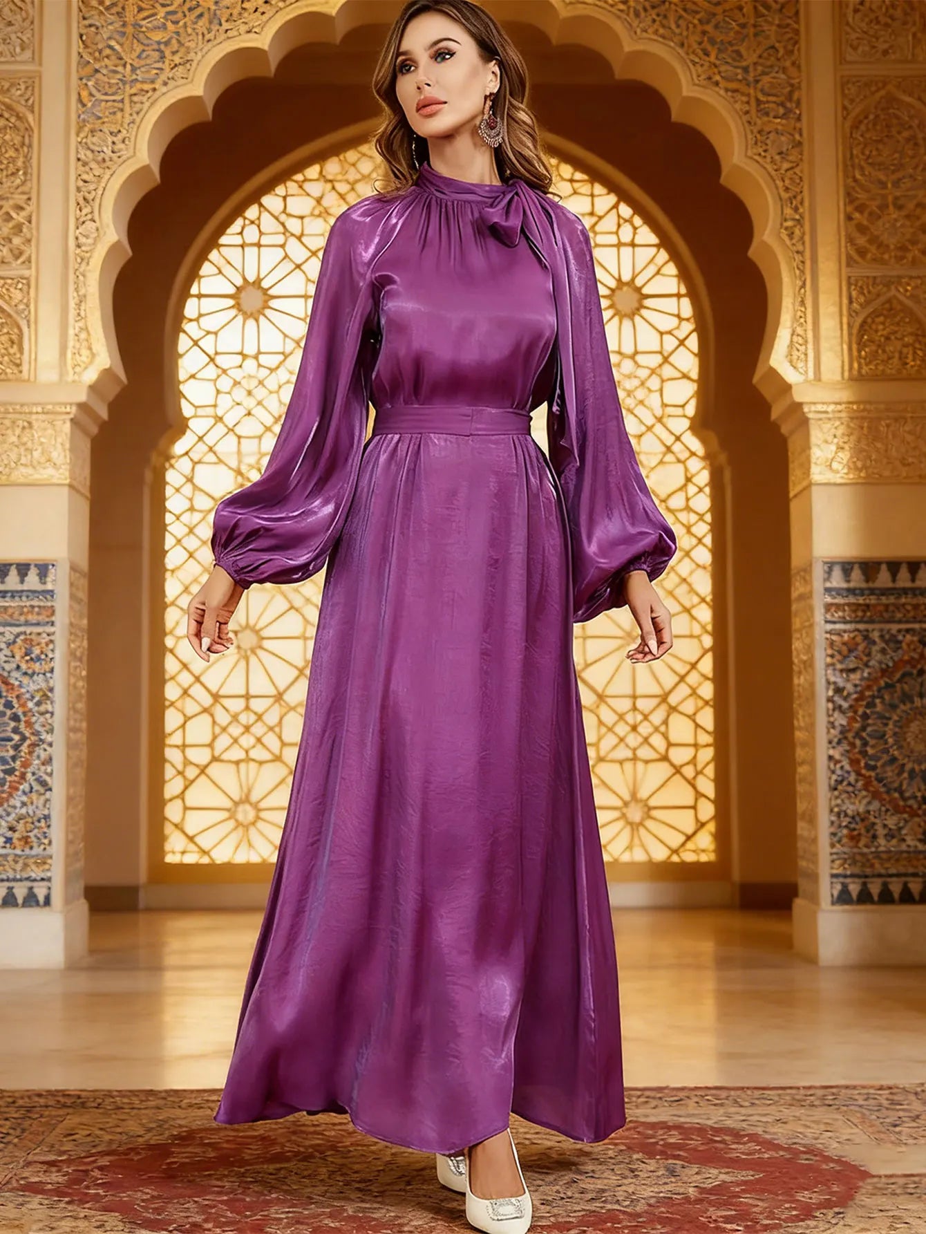 Elegant Tie Neck Abaya Belted Lantern Sleeve Maxi Dress Women Muslim Moroccan Kaftan Ramadan Jalabiya Islam Dubai Arabic Robes