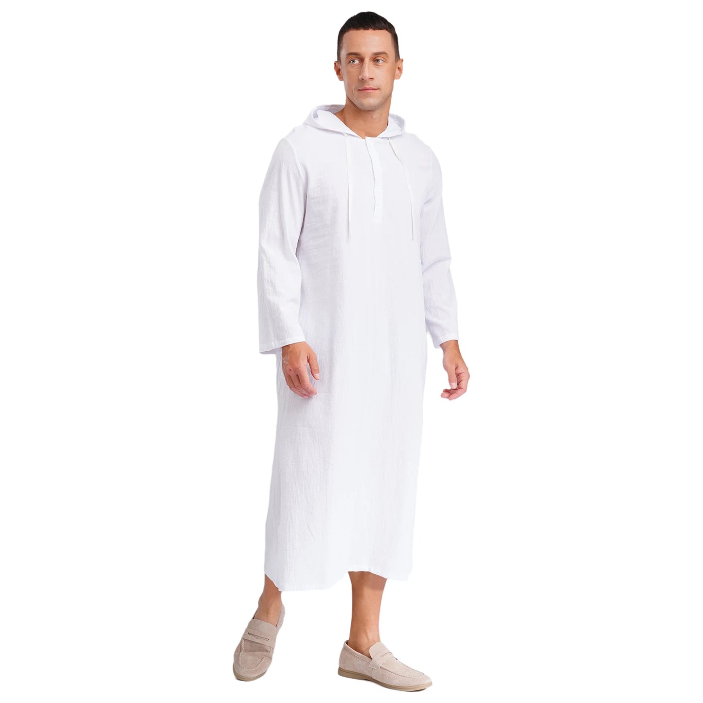 Mens Jubba Thobes Linen Muslim Robe Hooded with Pockets Middle East Islam Arabic Moroccan Kaftan Eid Prayer Long Robe Dress