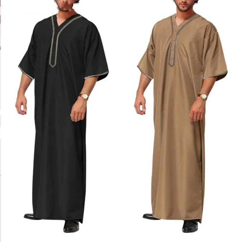 2026 New Men's Muslim Thobe Long Sleeve Button Down Shirt Arabic Islamic Robe Loose Fit Casual Prayer Wear for Ramadan Eid