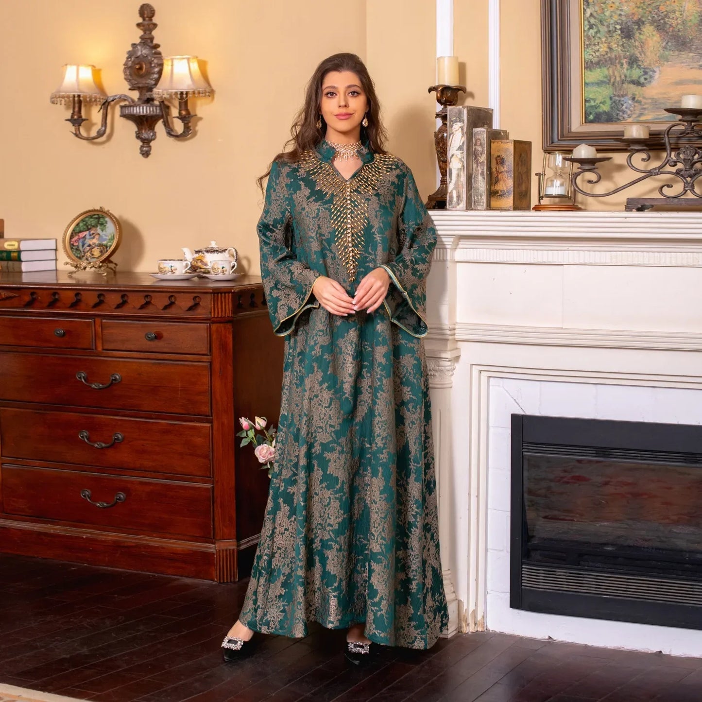 Eid Muslim Dress for Women Abaya Beading Stand Collar Jalabiya Morocco Party Dresses Abayas Kaftan Abaya Vestidos Arab Long Robe