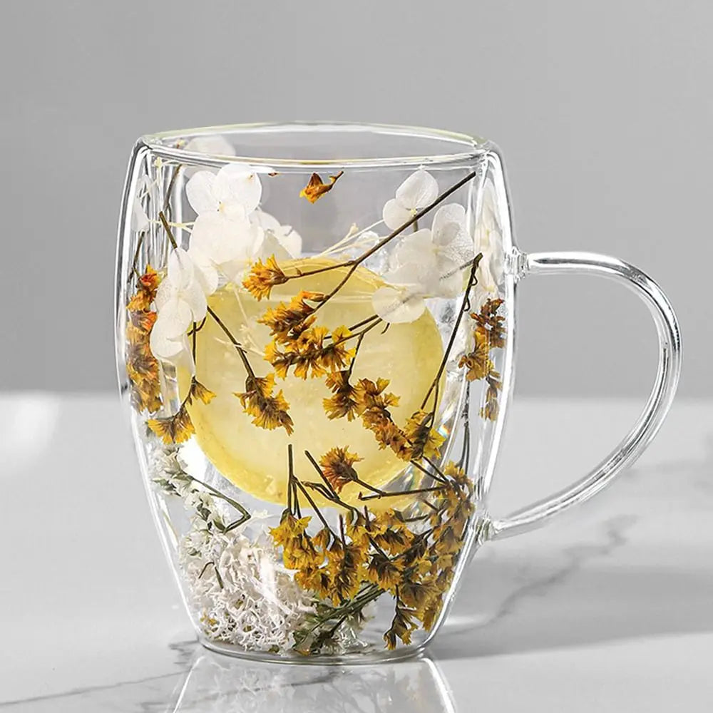 Dried Flowers Double Walled Coffee Mug 350ml Dried Flowers Glass Mugs Unique Creative Flower Mug with Handle Anti-Scalding Mug
