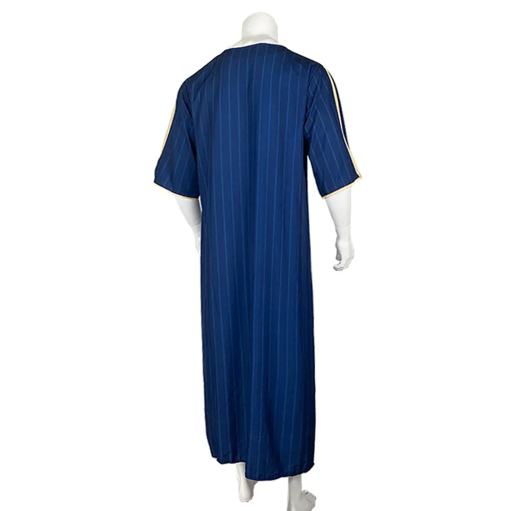 Men's Arabian Thobe - Summer V-Neck Short Sleeve Robe, Loose Fit Muslim Islamic Clothing for Casual Wear
