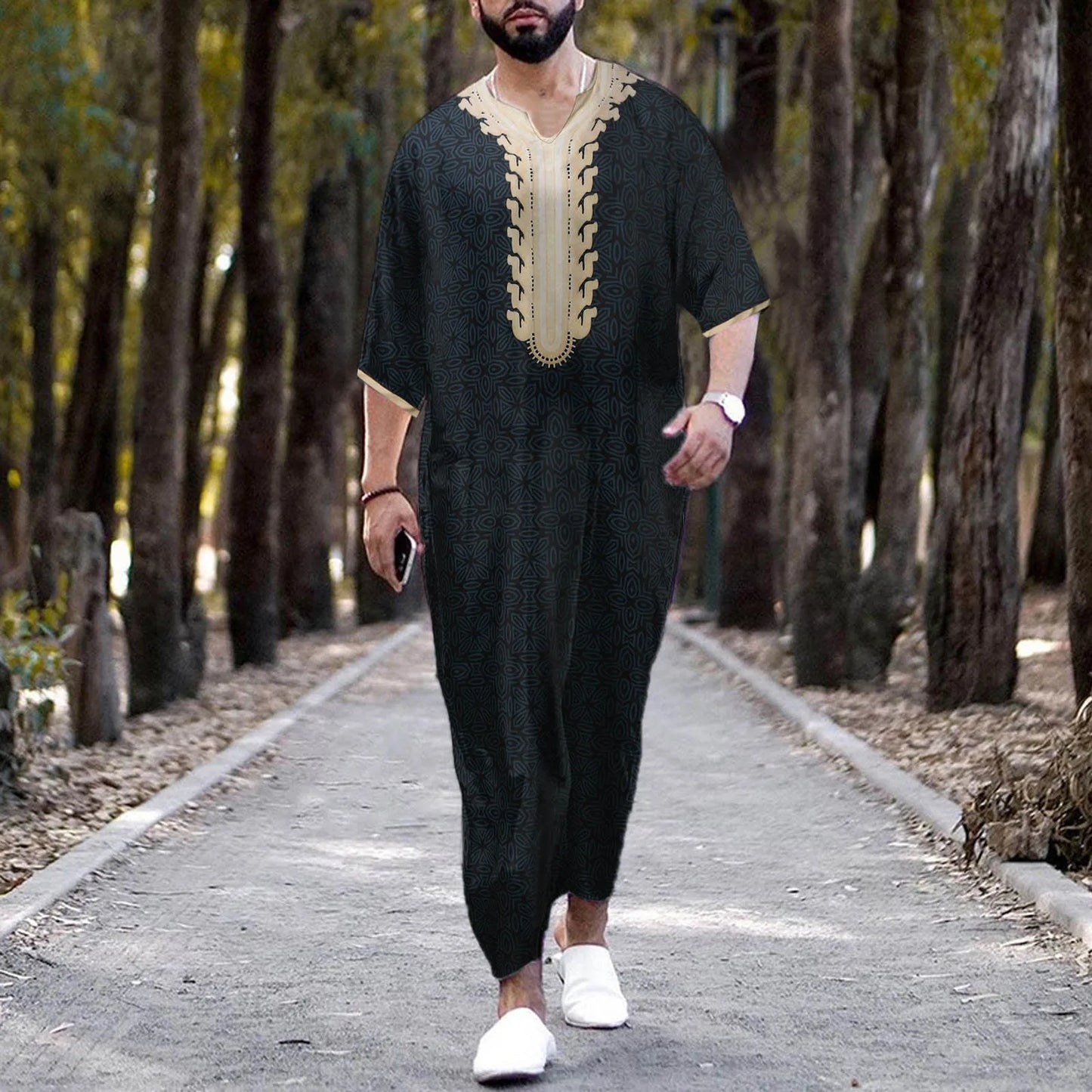 Moroccan Embroidered Islam Kaftan Muslim Clothing Men's Robe Half Sleeve V-Neck Loose Breathable Djellaba Abaya Thobe Caftan