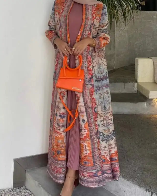 Women's Middle Eastern Muslim geometric print long robe, suitable for Ramadan, factory direct wholesale, long Muslim robe.