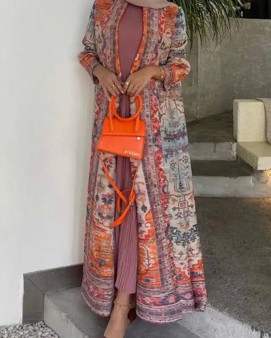 Women's Middle Eastern Muslim geometric print long robe, suitable for Ramadan, factory direct wholesale, long Muslim robe.