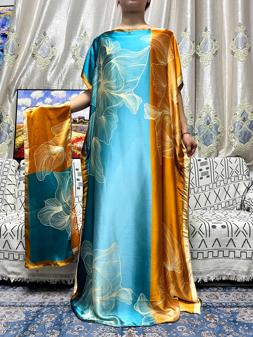 Abayas For Women 2023 Printed Silk Soft Loose Femme Robe Muslim Summer Fashion Clothing African Islam Woman Dresses With Turban