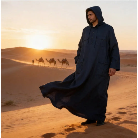 2026 Arabic Style Hooded Long Shirt Mens Muslim Robe Thobe Traditional Islamic Clothing
