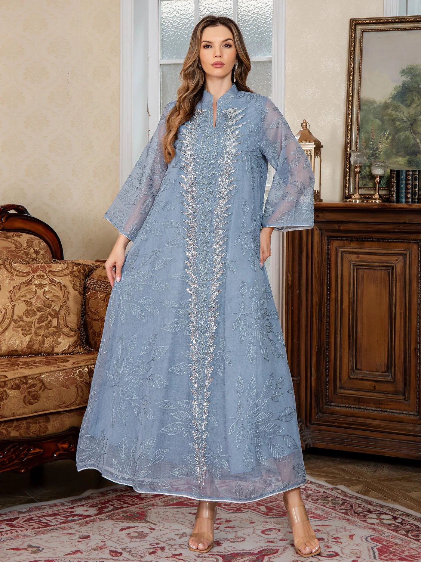 Women Dress Eid Muslim Abaya Party Dresses Sequins Ramadan Mesh Embroidery Jalabiya Dubai Abayas Kaftan Vestidos Arab Long Robe