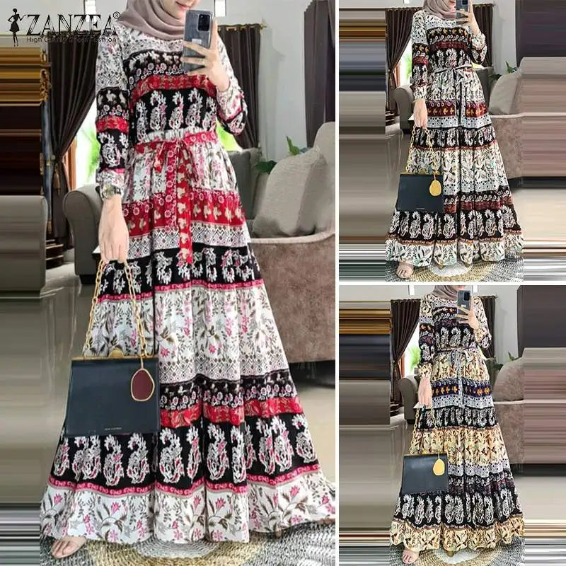ZANZEA Bohemian Muslim Abaya Women Elegant Robe Stylish Floral Printed Maxi Dresses Casual Loose Ramadan Vestidos Kaftan 2024