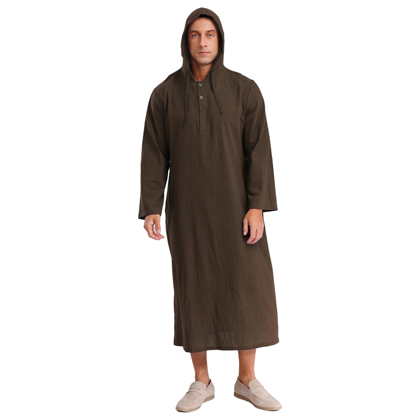 Mens Jubba Thobes Linen Muslim Robe Hooded with Pockets Middle East Islam Arabic Moroccan Kaftan Eid Prayer Long Robe Dress