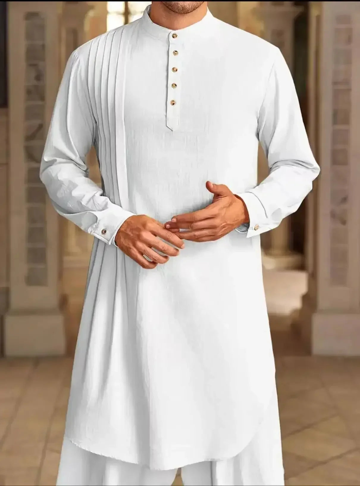 2025 New Muslim Middle East Arab Malaysia Men's Button Cotton Line Shirt Muslim Robe