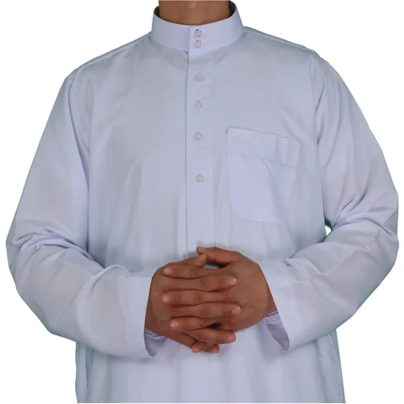Men's Muslim Robe Islamic Ramadan Juba Kaftan Dishdash Arabian Robe Solid Color Long Sleeve Collar Loose T-shirt Dress Tunic New