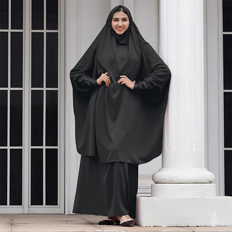 2PCS Women Eid Hooded Muslim Hijab Dress Set Prayer Garment Robes Abaya Khimar Full Cover Ramadan Gown Abayas Islamic Clothing