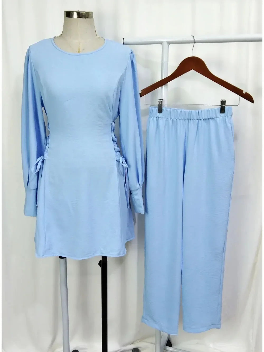 Muslim Women 2 Piece Set Women Lace Up Long Top Shirt Straight Pants Suit Ramadan Morocco Dubai  Ensemble Trousers Arabic Outfit