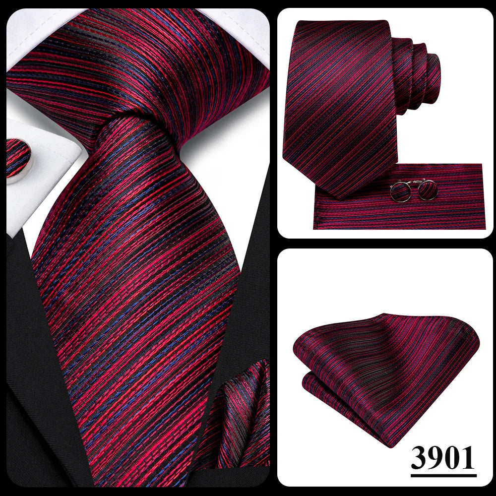 Hi-Tie Men Fashion Striped Navy Blue Necktie Handkerchief Cufflinks for Tuxedo Accessory Classic Silk Luxury Tie for Man Gift