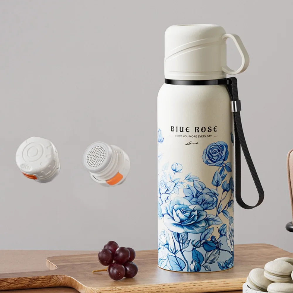 620ml Flower Pattern Thermos Bottle with Filter Stainless Steel Travel Mug Large-capacity Double Wall Thermal Cup Travel