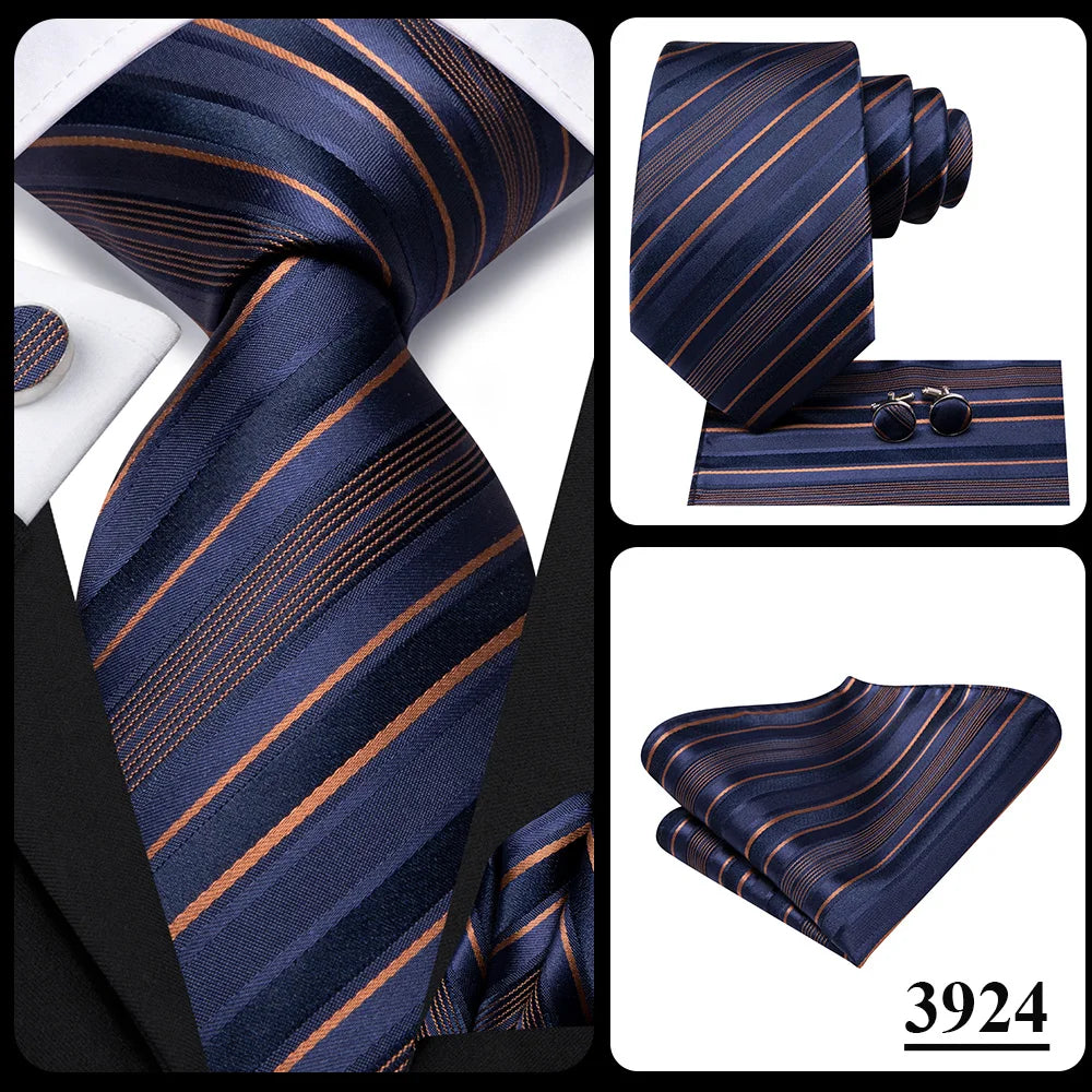 Hi-Tie Men Fashion Striped Navy Blue Necktie Handkerchief Cufflinks for Tuxedo Accessory Classic Silk Luxury Tie for Man Gift