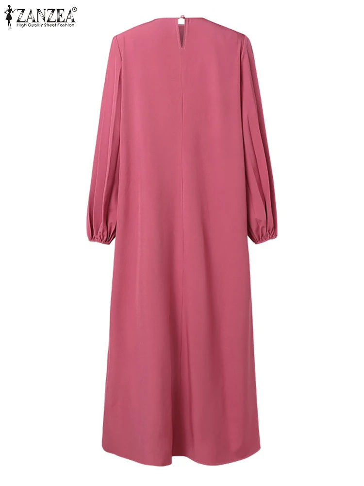 ZANZEA Women Muslim Fashion Dresses Elegant Long Lantern Sleeve Loose IsIamic Vestidos Kaftan Solid Pleated Sundress Robe Femme