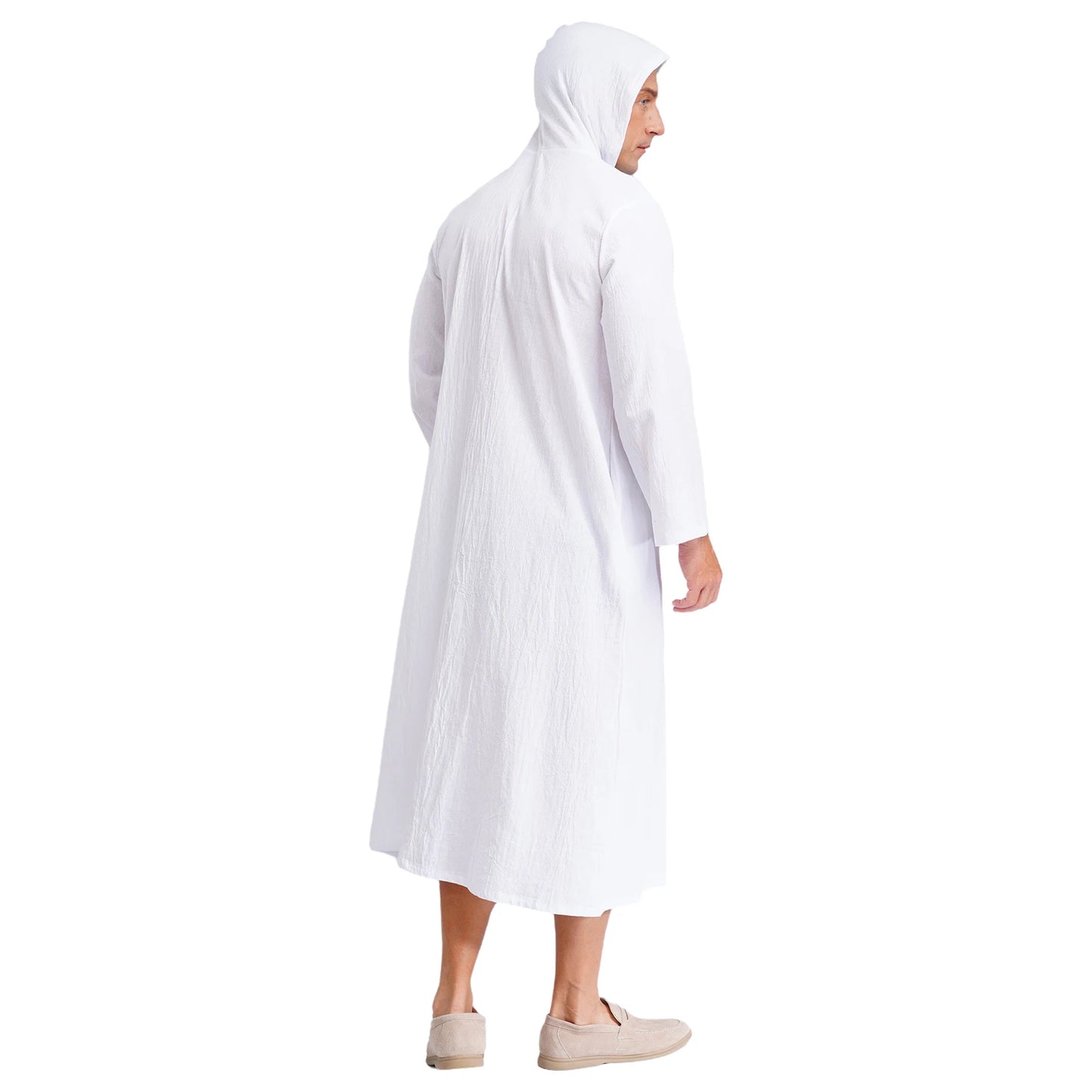 Mens Jubba Thobes Linen Muslim Robe Hooded with Pockets Middle East Islam Arabic Moroccan Kaftan Eid Prayer Long Robe Dress