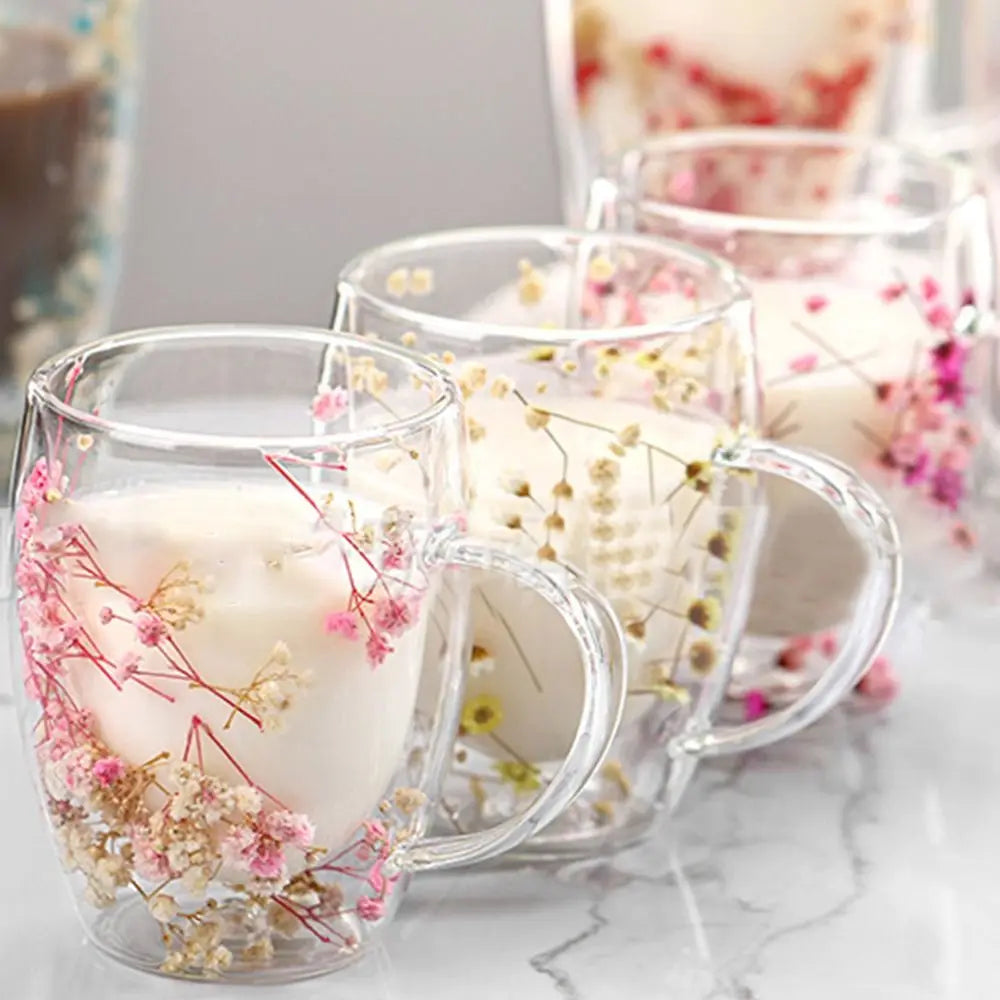 Creative 350ml Dried Flowers Glass Mugs Heat Resistant Gypsophila Double Wall Glass Cup with Handle Coffee Mug Home&Office