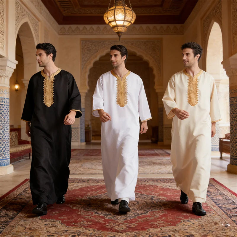Muslim Men Jubba Thobe Solid Color Breathable Embroidery Long Robes Gown Islamic Arabic Kaftan Abaya Middle East Dubai Pakistani