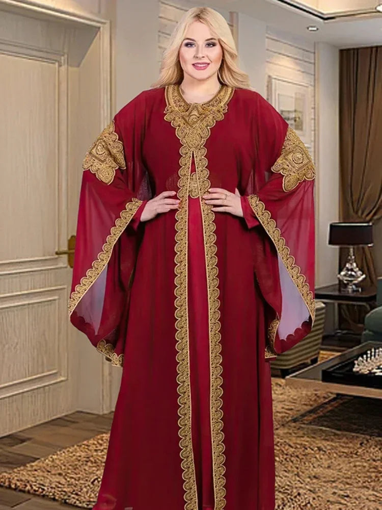 Women Abaya Party Dresses Muslim Caftan 2 Piece Set Eid Flare Sleeves Robe Embroidered Gold Lace Dress Suit Jalabiya Ramadan