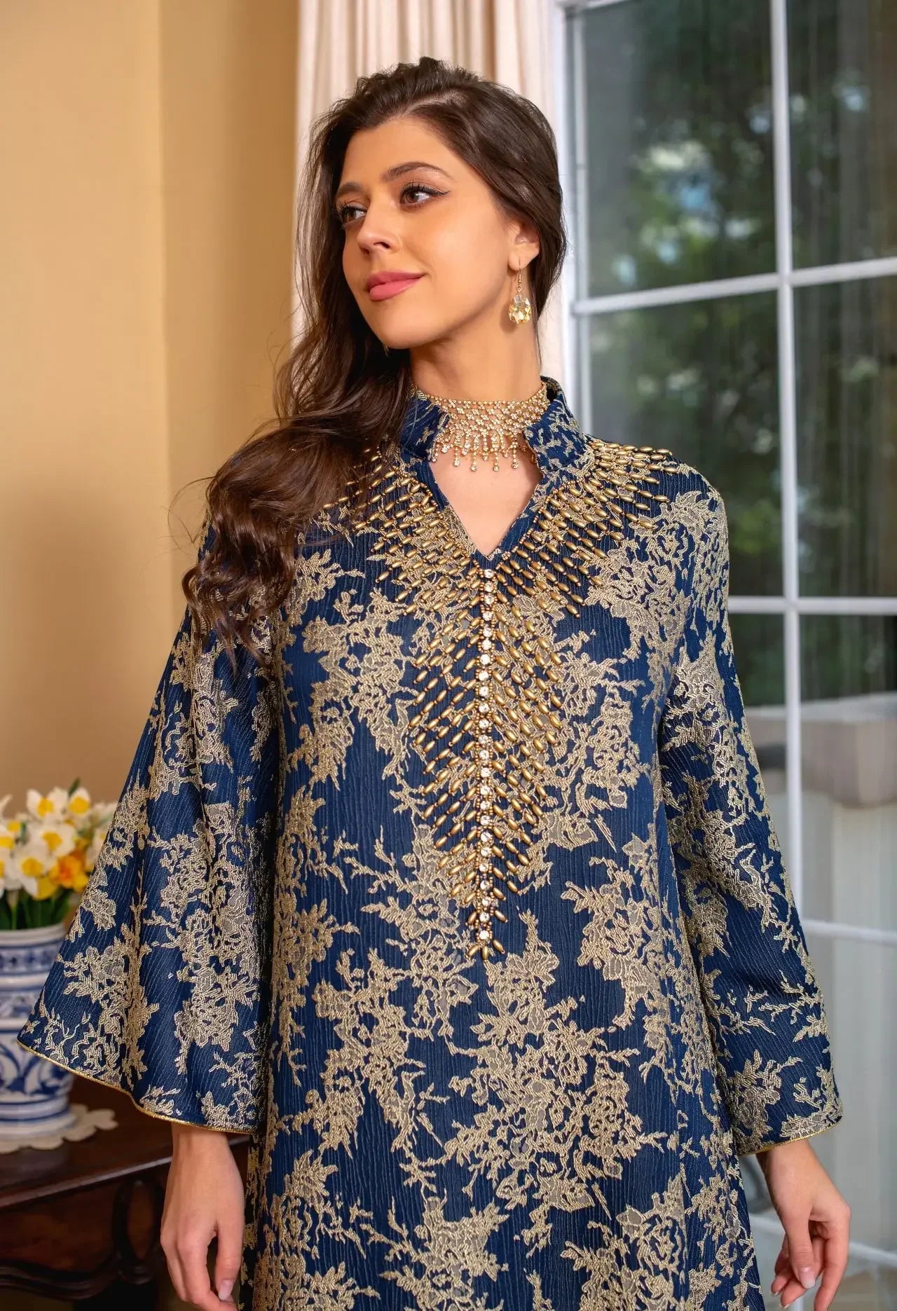 Eid Muslim Dress for Women Abaya Beading Stand Collar Jalabiya Morocco Party Dresses Abayas Kaftan Abaya Vestidos Arab Long Robe