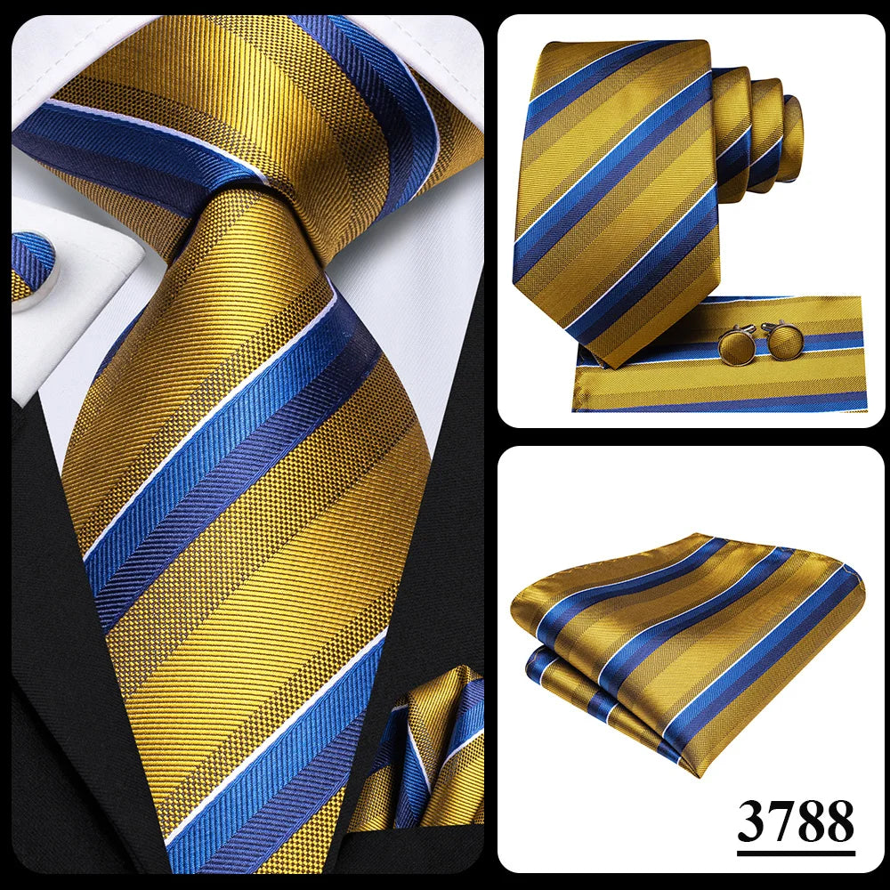 Hi-Tie Men Fashion Striped Navy Blue Necktie Handkerchief Cufflinks for Tuxedo Accessory Classic Silk Luxury Tie for Man Gift