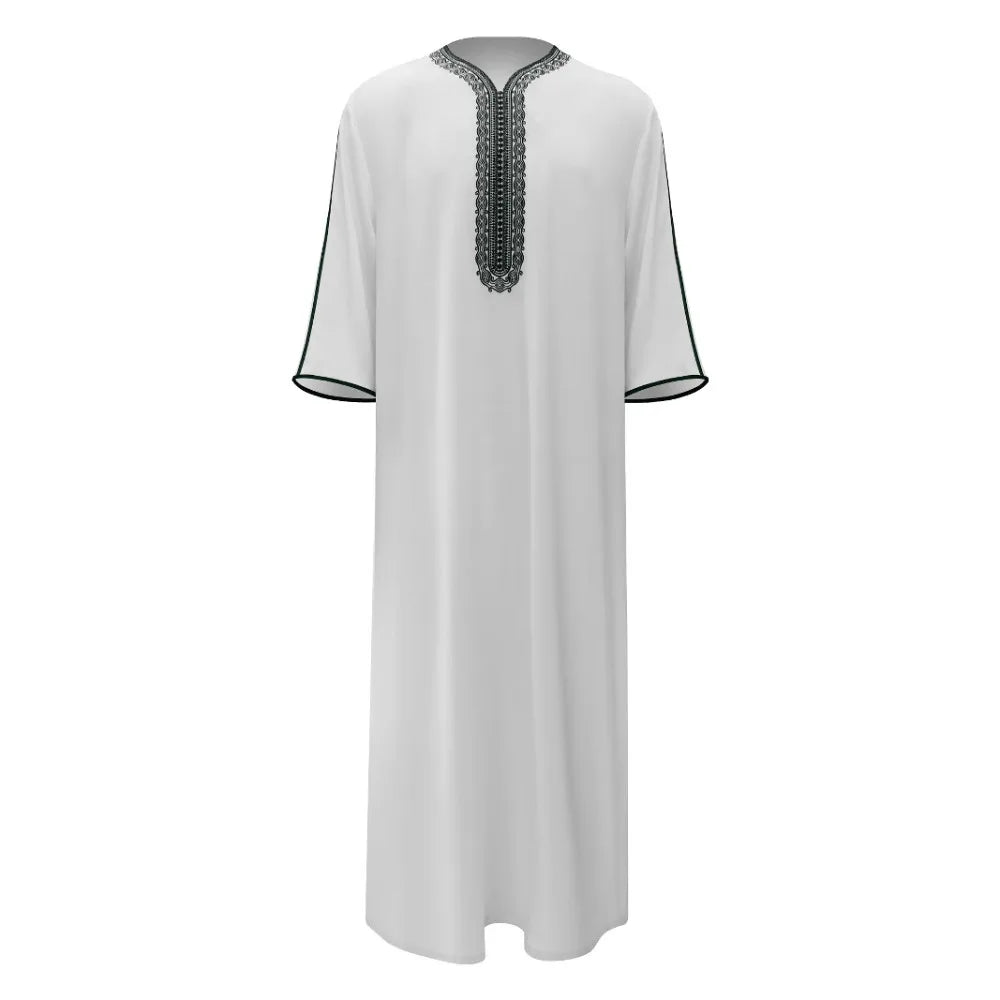 Men's Moroccan Style Thobe - 3/4 Sleeve Arabic Robe with Side Pockets, Ethnic Middle Eastern Loose Fit Muslim Wear