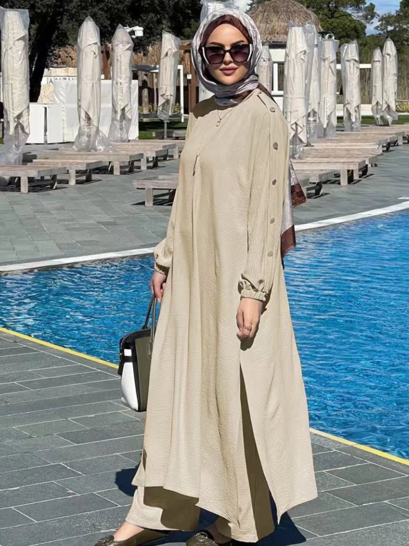 Blouse 2 Piece Set Muslim Set Dress Women Long Sleeve Abaya Shirt Wide Leg Pant Suits Arabic Dubai Dresses Musulman Ensembles