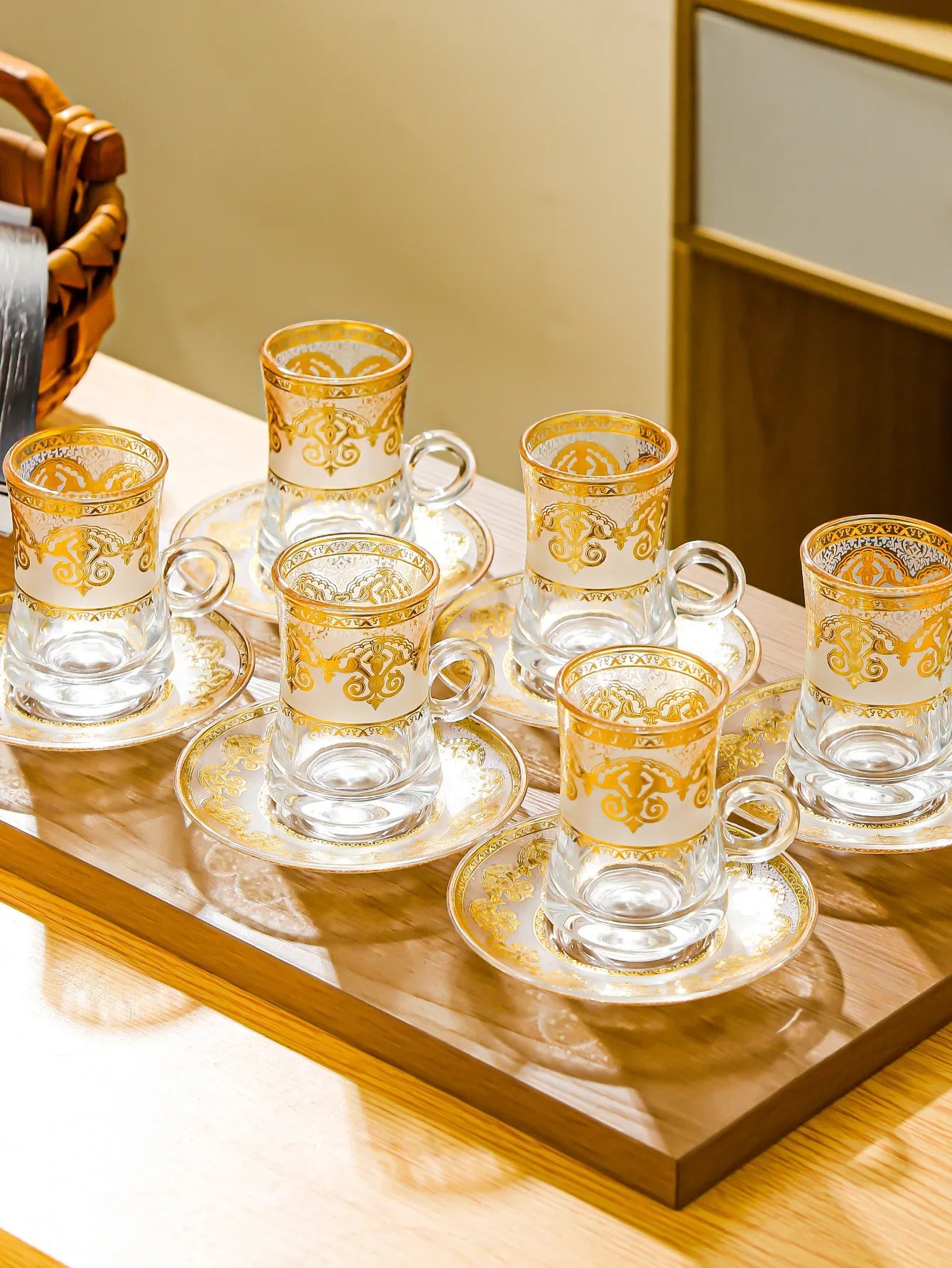6 Pack Creative Transparent Glass Mug Hot Gold Embossed Flower Glass Coffee Latte Mug