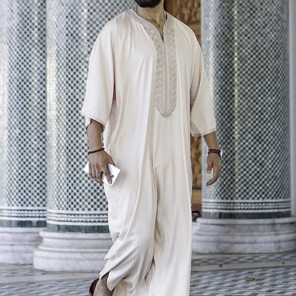Men's Spring Muslim Thobe - Linen Blend Short Sleeve Boho Ethnic Loose Fit Casual Robe in White