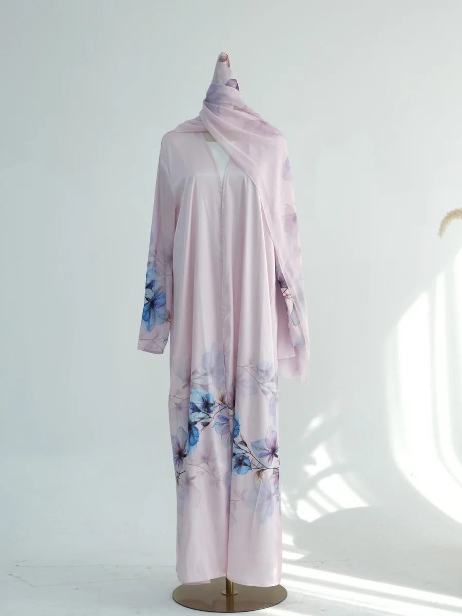 Muslim Women Arabic Dubai Abaya Chiffon Print Kimono Cardigan Long Dress With Hijab Modest Kaftan Robe Femme Islamic Clothing