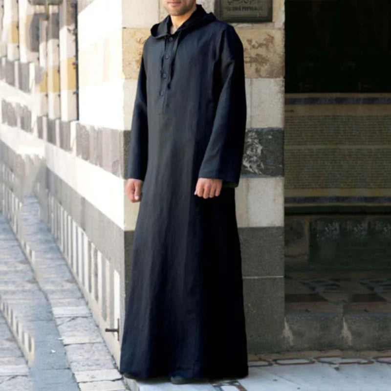 Muslim Man Hooded Long Abaya Leisure Cotton Kaftan  Jubba Men Adults  Jubba  Thobe Islamic Tunic Saudi Arabic Dress Kamis Homme