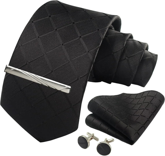 100% Silk Ties for Men Plaid & Checks Tie Clip Handkerchief Woven Classic Men's Necktie Pocket Square Set Formal Wedding Ties