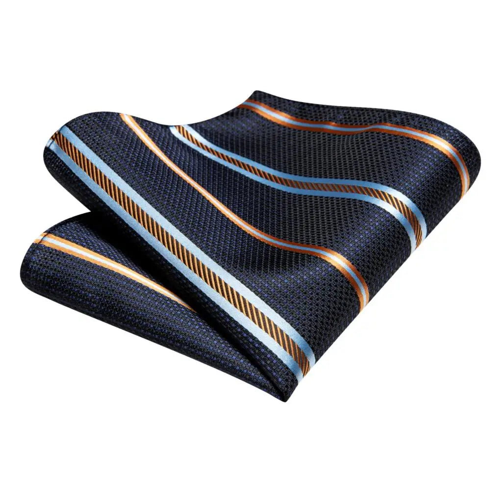 Hi-Tie Men Fashion Striped Navy Blue Necktie Handkerchief Cufflinks for Tuxedo Accessory Classic Silk Luxury Tie for Man Gift