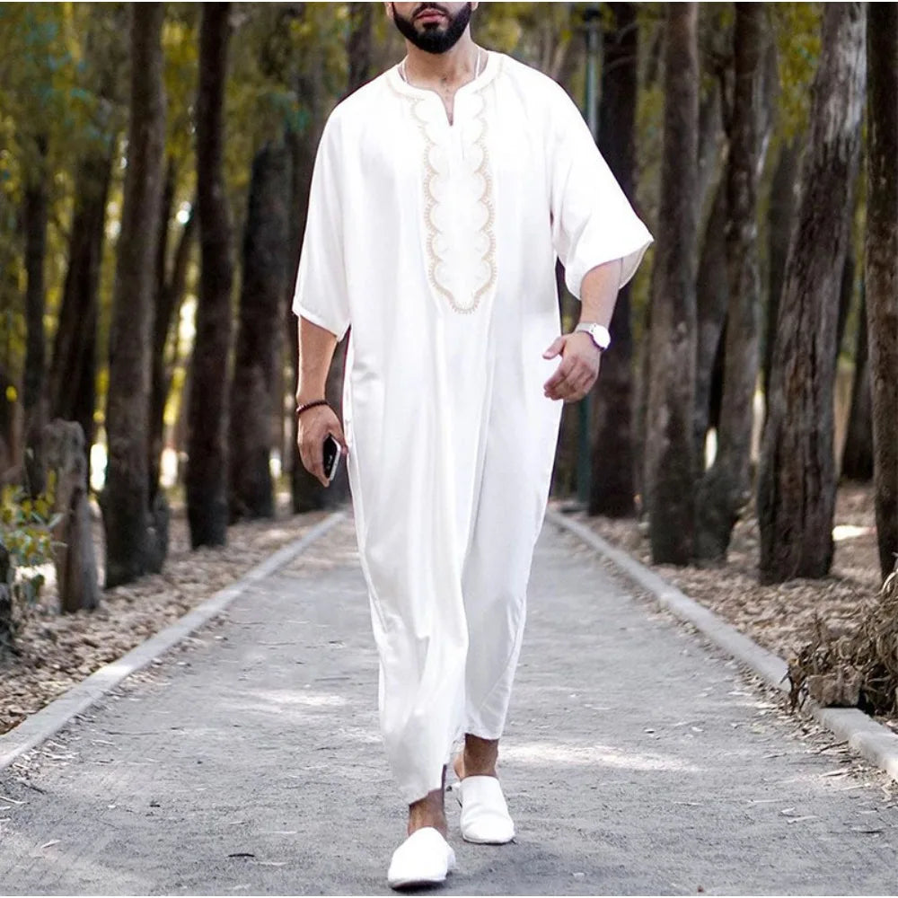 Men's Arabian Thobe - Summer V-Neck Short Sleeve Robe, Loose Fit Muslim Islamic Clothing for Casual Wear