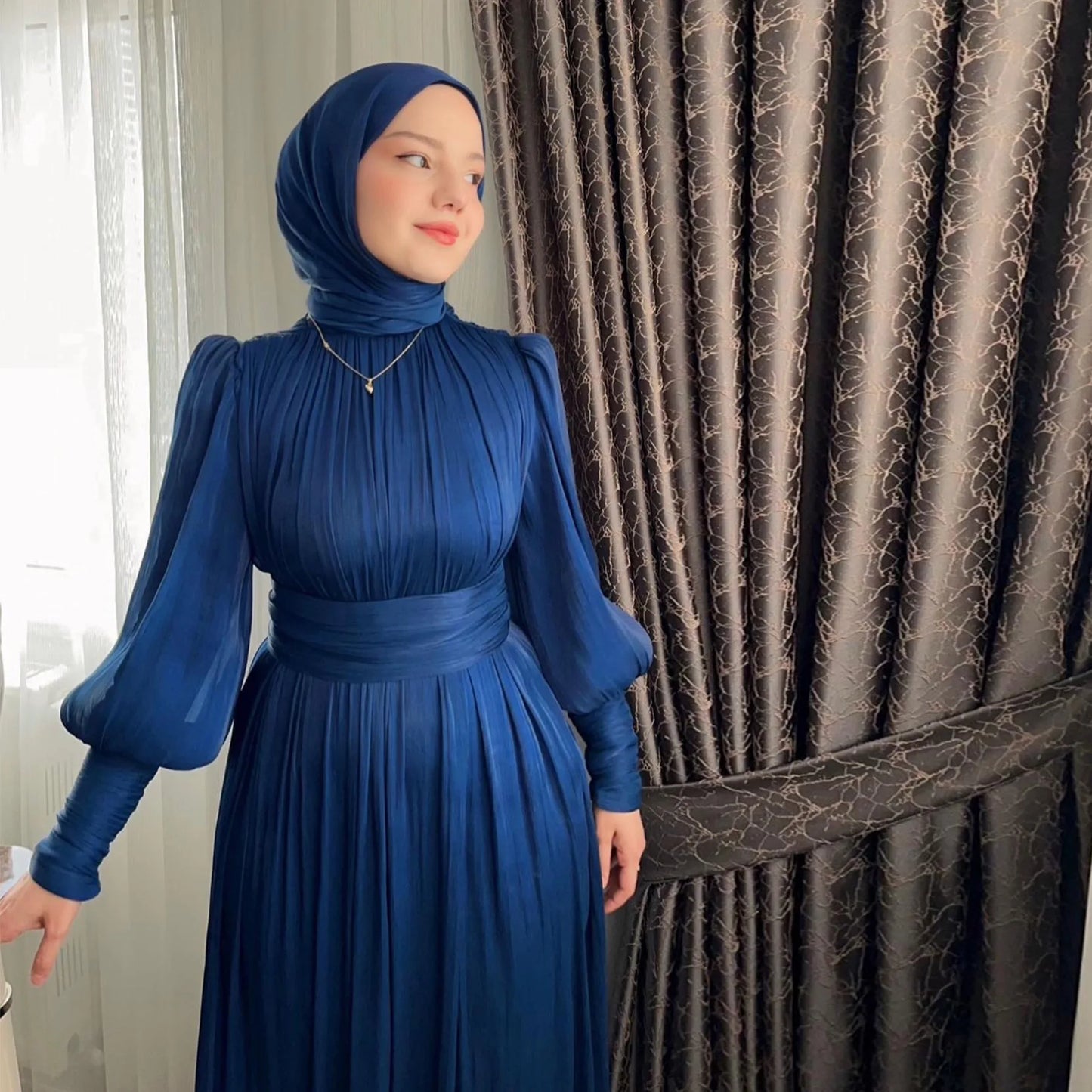 Eid Abaya Modest Muslim Dresses for Women Cuff Sleeves Wrinkle Evening Party Maxi Dress Jalabiya Islamic Clothing Kaftan Robe