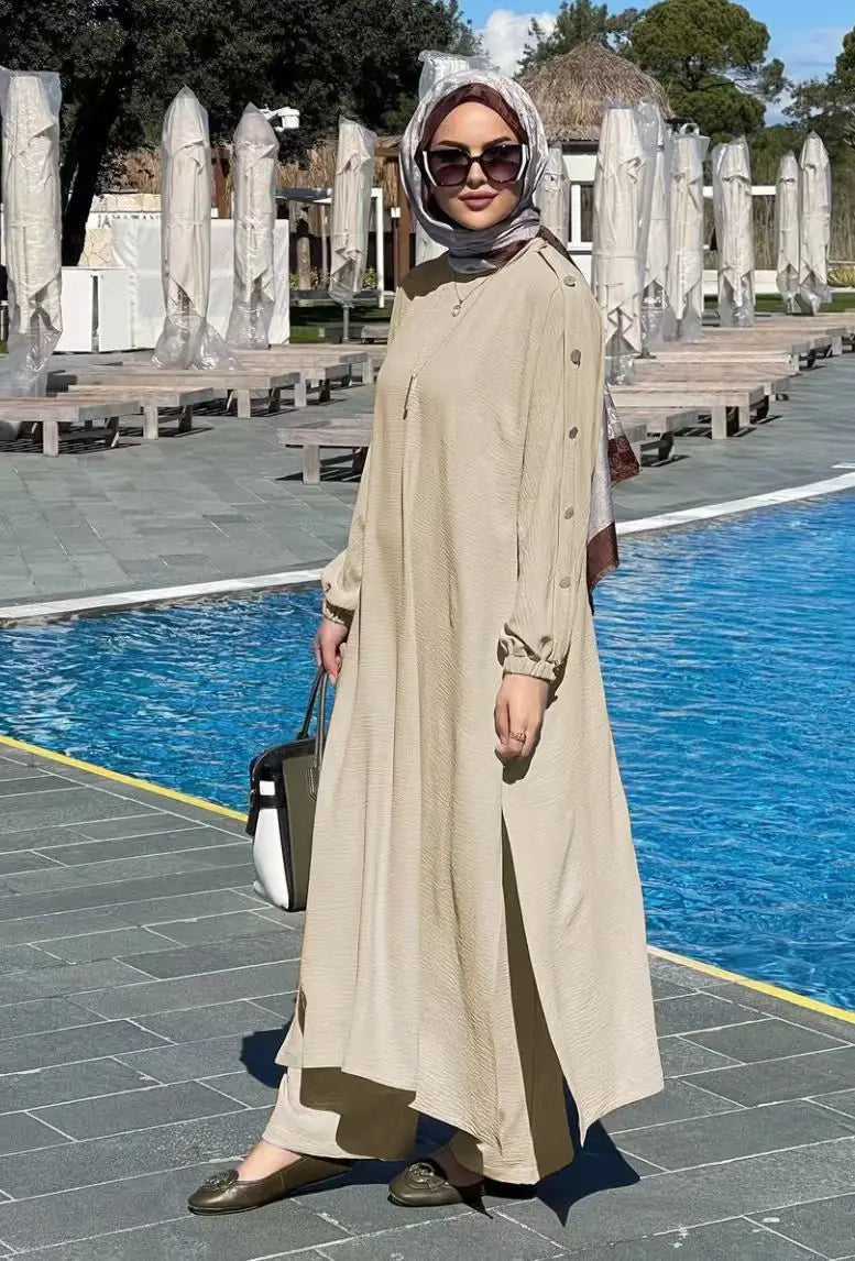 Blouse 2 Piece Set Muslim Set Dress Women Long Sleeve Abaya Shirt Wide Leg Pant Suits Arabic Dubai Dresses Musulman Ensembles
