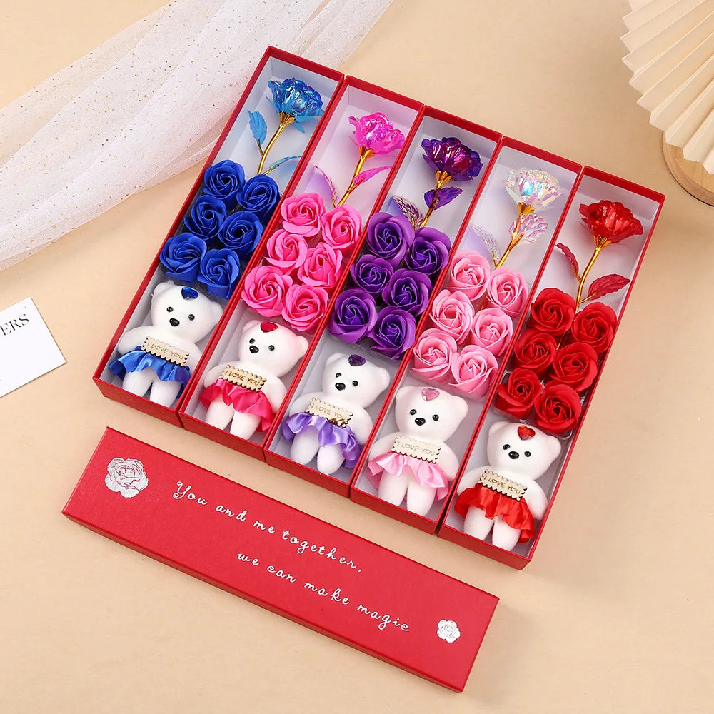 6Heads Flowers Soap Flower Gift Rose Box Valentines Day Gift Bears Bouquet Wedding Decoration Gift Festival Heart-shaped Box