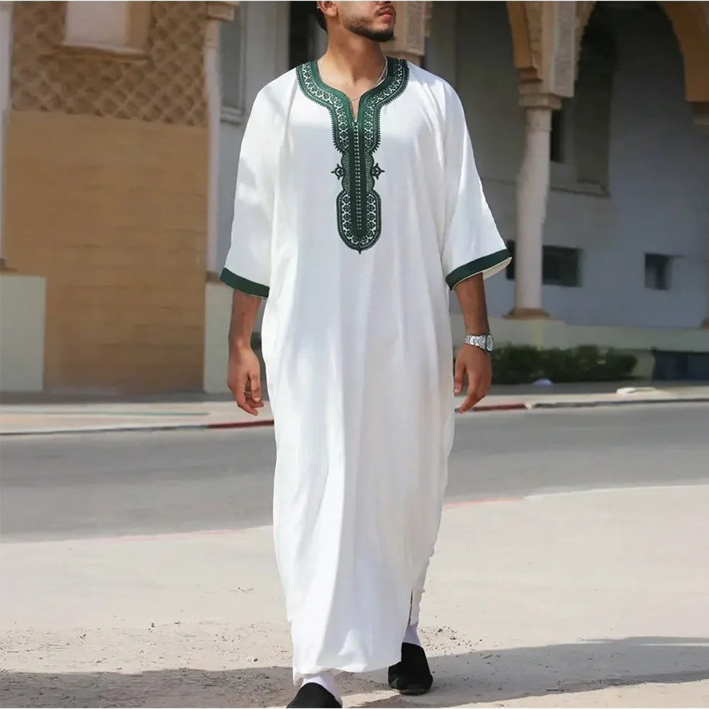 Men's Long Embroidered Casual Islamic Shirt Loose Muslim Prayer Suit Suitable for Young People's Daily Cultural Clothing Robe