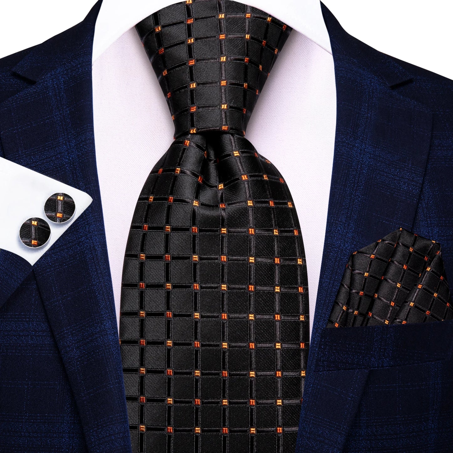 Hi-Tie Fashion 8.5cm Black Plaid Dots Men's Elegant Tie Handkerchief Cufflinks Set Wedding Party Accessories Gift for Men Gravat