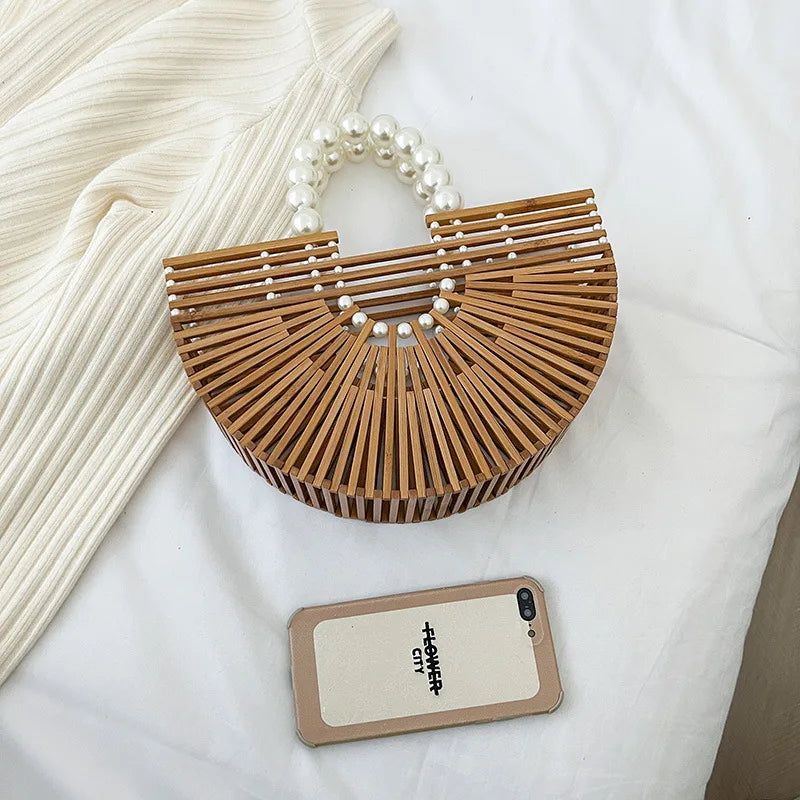 Handmade Fashion Bamboo Handbag Pearl Handle Design Elegant Women Hollow Out Beach Bag Vacation Women Straw Bag Female Bags