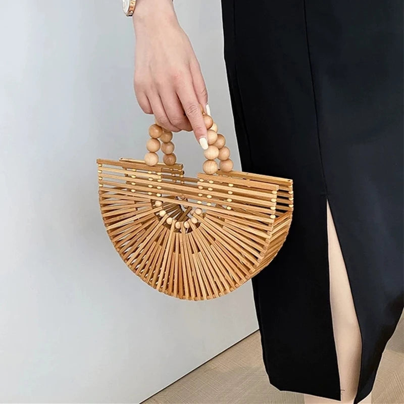 Handmade Fashion Bamboo Handbag Pearl Handle Design Elegant Women Hollow Out Beach Bag Vacation Women Straw Bag Female Bags