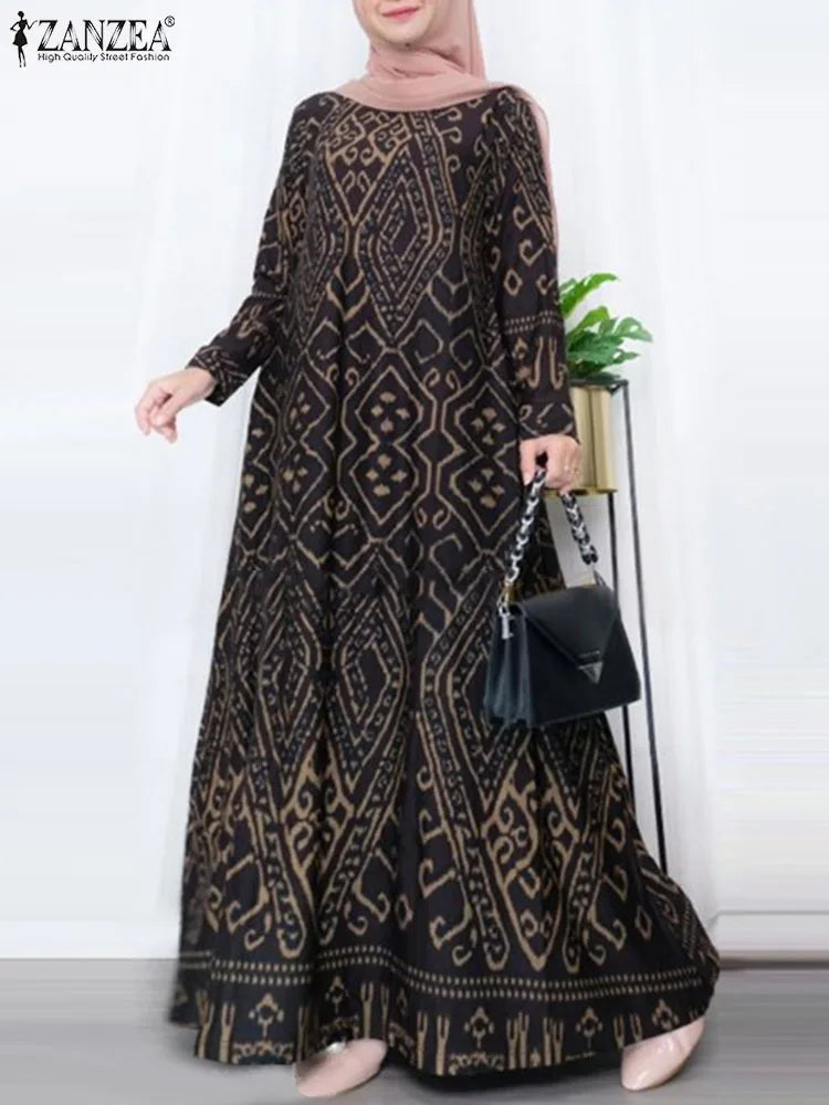 ZANZEA Elegant Maxi Dress Fashion Turkey Muslim Abaya Robe Femme Vintage Long Sleeve Kaftan Printed Vestidos IsIamic Clothing