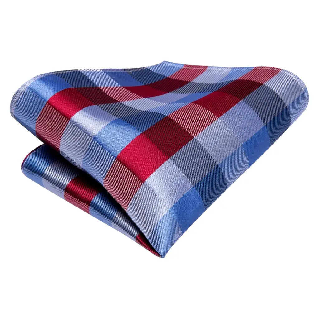 Hi-Tie Plaid Silk Tie For Men Elegant Mens Blue Grey Necktie Pocket Square Cufflink Groom Wedding Accessory Wholesale Designer
