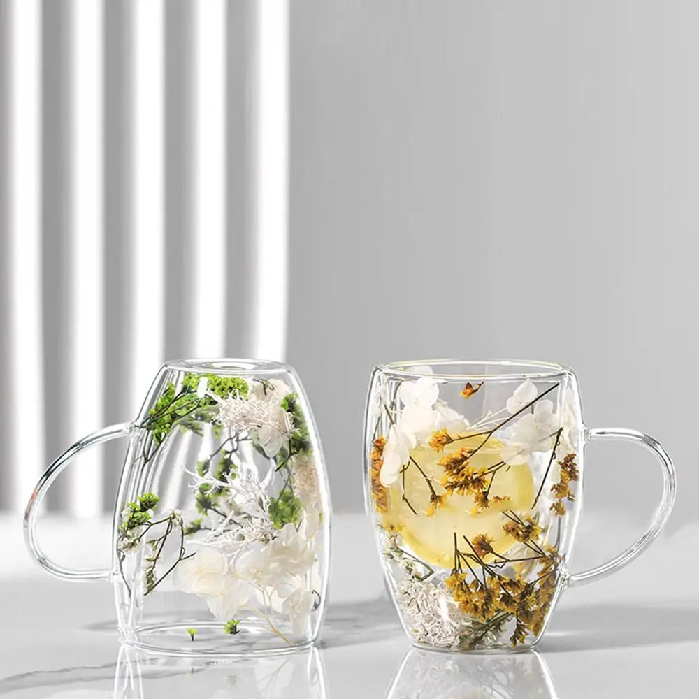 Dried Flowers Double Walled Coffee Mug 350ml Dried Flowers Glass Mugs Unique Creative Flower Mug with Handle Anti-Scalding Mug